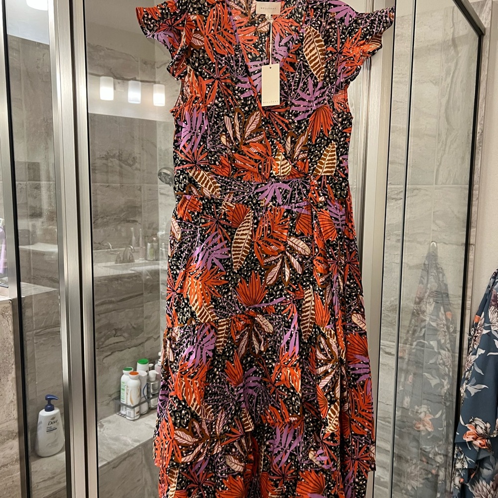 MELLODAY Vibrant Orange and Purple Midi Dress - NWT